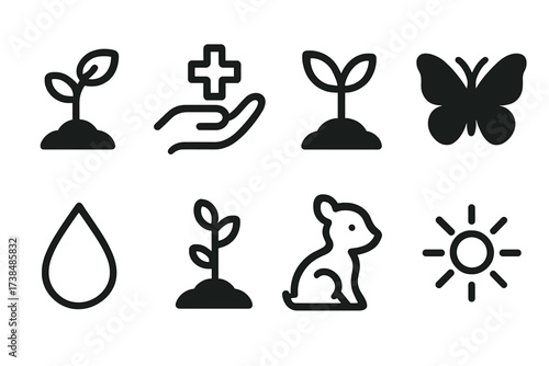 Regenerative Icons Grid. Solid, filled icon set of regenerative force: sprouting seed, healing hand, growing plant, butterfly, water droplet, tree sapling,