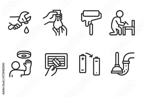 Household Chore Icons. Outline icon set of household maintenance chores: fixing leak, changing light bulb, painting, assembling furniture, checking smoke