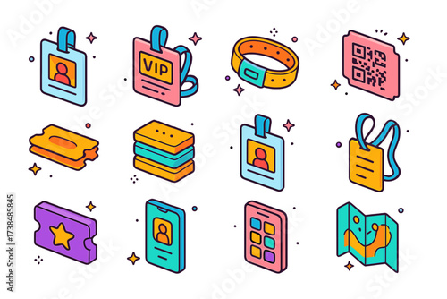 Colorful Convention Icons. Convention tickets. Colorful isometric vector icons set of convention tickets: entry badge, VIP pass, wristband, QR code ticket, day