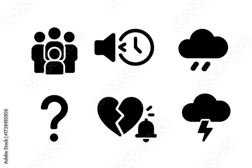 Anxiety Trigger Icons. Solid, filled icon set of anxiety triggers: crowded place, loud noise, clock ticking, dark cloud, question mark, broken heart, alarm