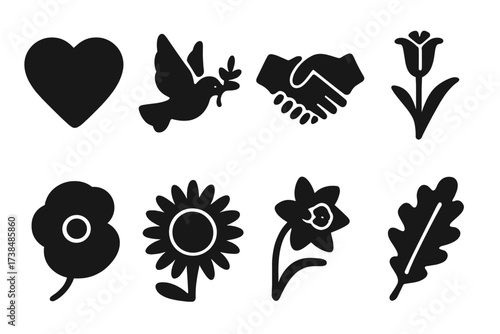 Symbolic Flower Icons. Solid, filled icon set of flower symbolism: love heart, peace dove, friendship hands, purity lily, remembrance poppy,