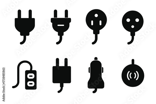 Power Plug Icons. Solid, filled icon set of power plugs: two-prong plug, three-prong plug, grounded plug, international plug, extension cord plug, wall
