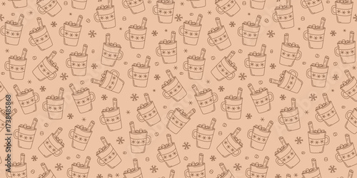 Coffee cup, marshmallow, hot drink with cinnamon stick. Seamless pattern. Mug, cocoa, tea. A cozy set of linear icons. Drawings, doodles. Repeating vector background.