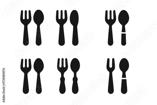 Cutlery Icon Set. Solid, filled icon set of cutlery materials: stainless steel, silver, plastic, bamboo, gold plated, titanium, ceramic handle, wood handle.
