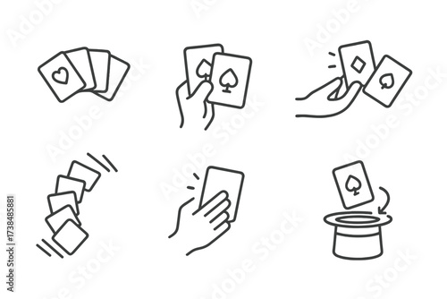 Magic Card Icons. Outline icon set of card tricks and magic: card fan, card shuffle, card reveal, card toss, card spring, card vanish, card flip, magician hat.