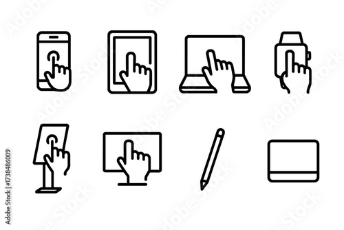 Touch Devices Icons. Outline icon set of touch devices: touchscreen phone, tablet, touchscreen laptop, smart watch, digital kiosk, interactive display, stylus