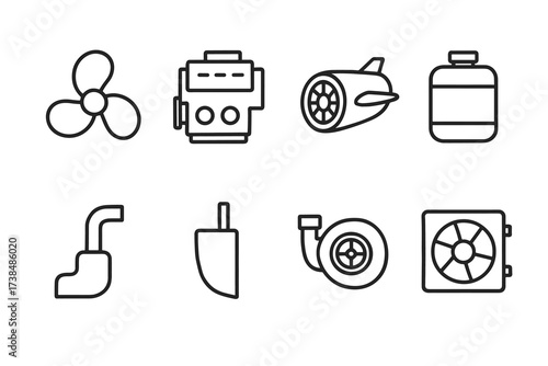 Naval Propulsion Icons. Outline icon set of gunboat propulsion and engines: propeller, diesel engine, jet engine, fuel tank, exhaust pipe, rudder,