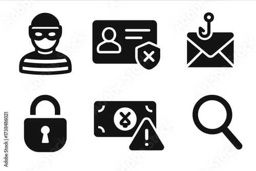 Fraudulent Icon Set. Solid, filled icon set of fraud: masked thief, fake ID, stolen credit card, phishing email, broken lock, counterfeit money, warning sign,