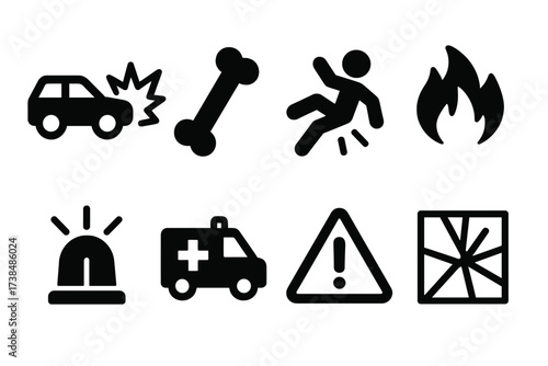 Recklessness Icon Grid. Solid, filled icon set of recklessness consequences: crash, broken bone, fire explosion, falling person, siren, ambulance, warning