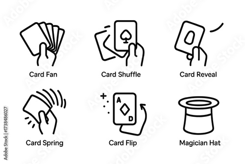 Magic Card Icons. Outline icon set of card tricks and magic: card fan, card shuffle, card reveal, card toss, card spring, card vanish, card flip, magician hat.