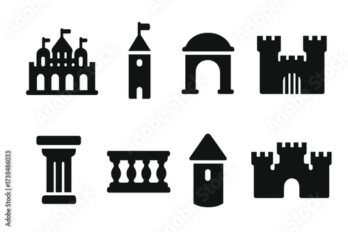 Noble Architecture Icons. Solid, filled icon set of noble architecture: palace, tower, archway, gate, column, balcony, turret, fortress. Solid, filled icons in