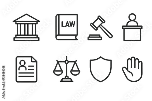 Legal and Postal Icons. Outline icon set of legal declarations: court, law book, gavel, witness stand, document, justice scales, shield, hand raised. [Line