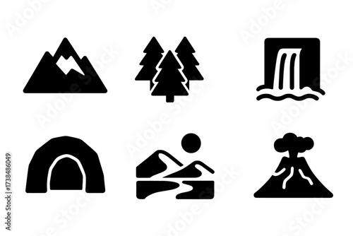 Nature Icon Set. Solid, filled icon set of wild landscapes: mountain, forest, river, waterfall, cave, desert, savanna, volcano. [Line icons in only black