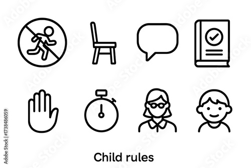 Child Rule Icons. Outline icon set of child rules: no running sign, time out chair, speech bubble, rulebook, hand stop, timer, teacher, child. Line icons in
