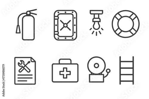 Warship Safety Icon Set. Outline icon set of warship damage control: fire extinguisher, watertight door, emergency lighting, lifebuoy, damage report, first aid