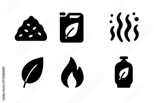 Bioenergy Icon Set. Solid, filled icon set of bioenergy: biomass pile, biofuel tank, fermentation drum, algae, plant leaf, energy flame, bio gas, recycle