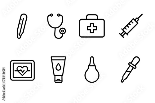 Baby Health Icon Set. Outline icon set of baby health: thermometer, stethoscope, first aid kit, vaccine syringe, heart rate monitor, diaper rash cream, nasal