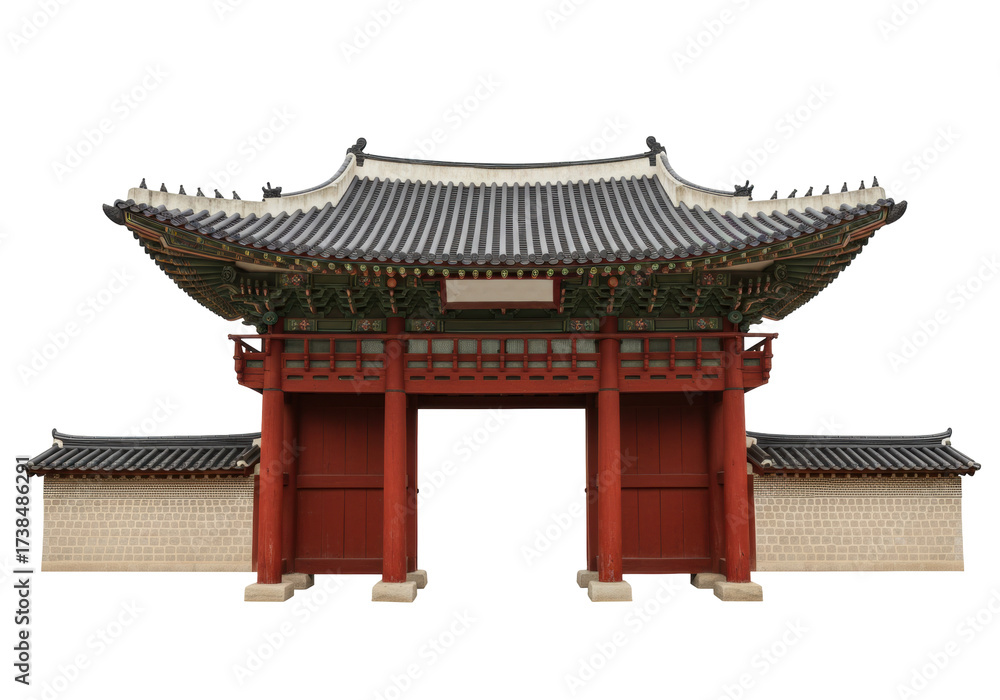 Obraz premium Korean traditional gate isolated on transparent background, Gwanghwamun gate PNG for travel and cultural heritage projects