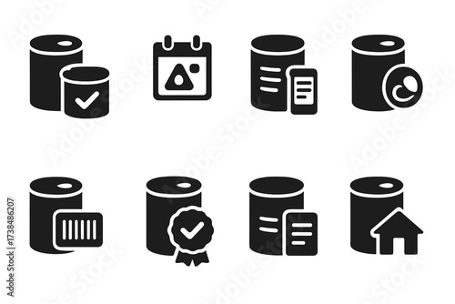 Can Safety Icons. Solid, filled icon set of can safety and quality: expiration date, allergy warning, nutritional info, tamper seal, barcode, quality stamp,