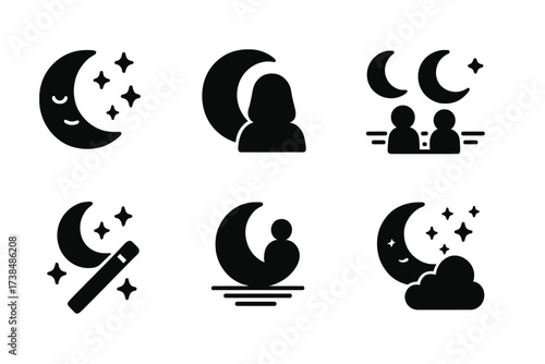 Moonlight Emotions Icons. Solid, filled icon set of moonlight emotions and moods: calmness, mystery, solitude, romance, magic, tranquility, reflection,