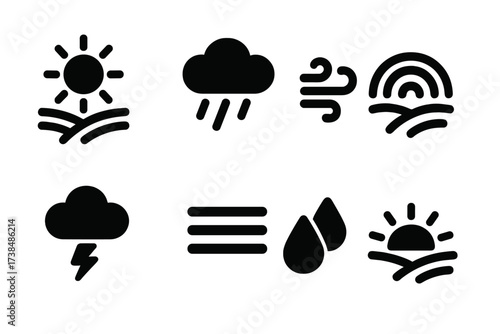 Weather Field Icons. Solid, filled icon set of field weather: sun over field, rain cloud, wind gust, rainbow, storm cloud, fog, dew drops, sunset over field.