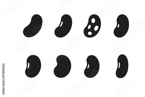 Beans Icon Set. Solid, filled icon set of beans varieties: black beans, kidney beans, pinto beans, navy beans, lima beans, garbanzo beans, adzuki beans,