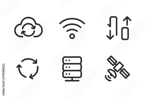 Connectivity Icons Set. Outline icon set of app connectivity and syncing: cloud sync, wifi signal, bluetooth, data transfer, update arrows, server, mobile