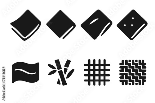 Fabric Napkin Icons. Solid, filled icon set of fabric types for napkins: linen napkin, cotton napkin, satin napkin, polyester napkin, silk napkin, damask