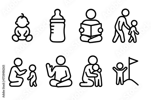 Patience in Parenting Icons. Outline icon set of patience in parenting: baby waiting, feeding bottle, bedtime story, slow walking, teaching, calming,
