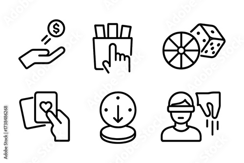 Chance and Decision Icons. Outline icon set of chance and decision making: coin toss, draw lots, spin wheel, dice roll, card pick, random selector, blind