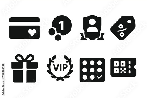 Loyalty Program Icons. Solid, filled icon set of customer loyalty program elements: reward card, loyalty points, membership badge, discount tag, gift box, VIP