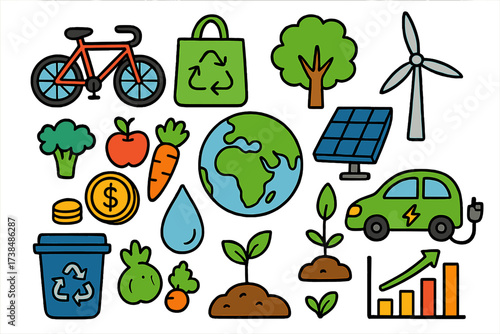 Sustainable Living Doodles. Sustainable Living. Colorful Hand-drawn doodle Children illustration bicycle, shopping bag, tree, solar panel, wind turbine, globe,