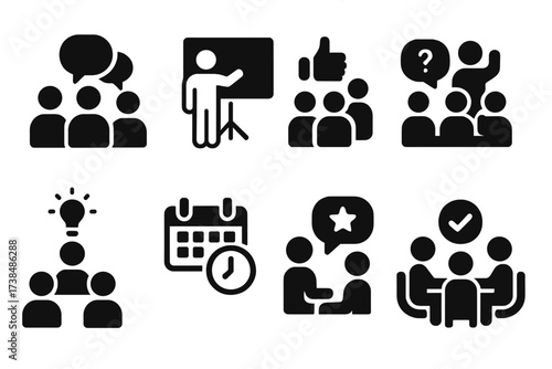 Meeting Actions Icons. Solid, filled icon set of meeting actions: discussion, presentation, voting, Q&A, brainstorming, scheduling, feedback, decision making.