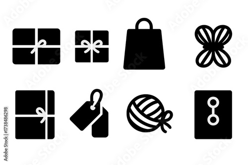 String Packaging Icons. Solid, filled icon set of string packaging: wrapped parcel, tied box, string handle bag, bundled cords, tied notebook, hanging tags,