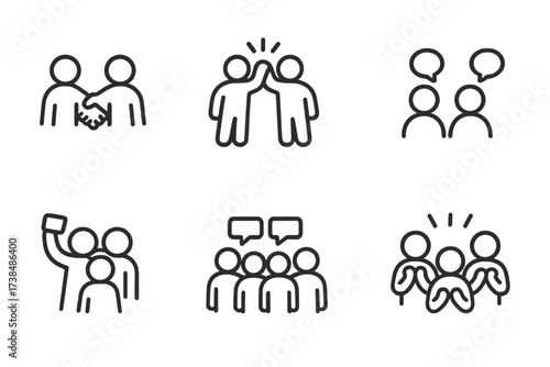 Crowd Interaction Icons. Outline icon set of crowd interaction: handshake, high five, group hug, people talking, crowd selfie, group photo, crowd chanting,