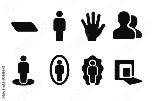 Shadow Icon Set. Solid, filled icon set of shadow elements: cast shadow, silhouette figure, handprint shadow, dual outline, mirror shade, dark aura, layered