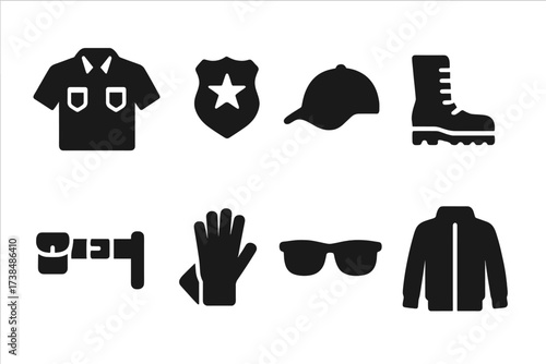 Bouncer Attire Icons. Solid, filled icon set of bouncer attire: uniform shirt, badge, cap, boots, utility belt, gloves, sunglasses, jacket. Solid, filled icons