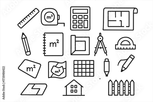 Measurement Tools Doodles. Hand-drawn doodle illustration area calculation tools ruler, tape measure, calculator, blueprint, pencil, notebook, square, compass,