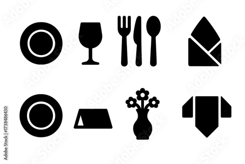 Banquet Table Icon Set. Solid, filled icon set of banquet hall table settings: dinner plate, wine glass, cutlery set, napkin fold, charger plate, place card,