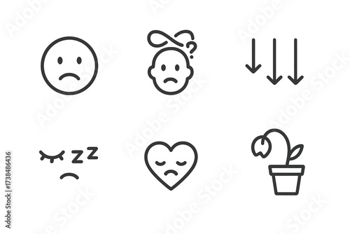Mental State Icons. Outline icon set of loser mental state: worried face, confused head, downward arrows, foggy brain, sleeping eyes, slow heartbeat, sad