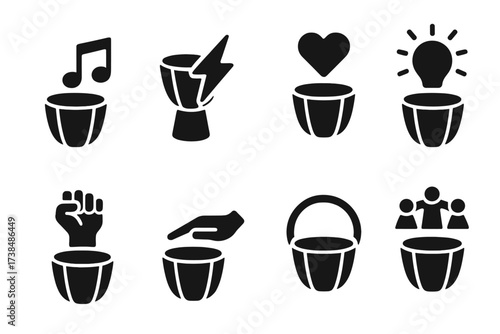 Hand Drum Icon Set. Solid, filled icon set of hand drum emotions and symbolism: rhythm, energy, passion, creativity, power, flow, spirituality, community.