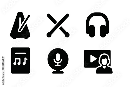 Percussion Practice Icons. Solid, filled icon set of ride cymbal practice and rehearsal: metronome, drumsticks, headphones, practice pad, music