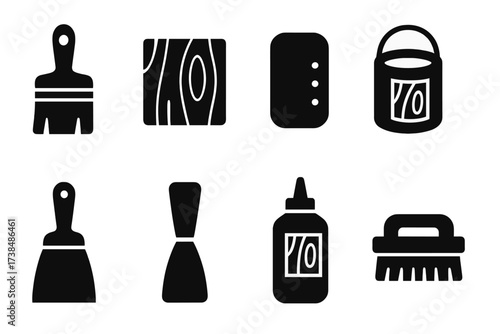Wood Maintenance Tool Icons. Solid, filled icon set of wooden wall maintenance tools: paintbrush, wood stain, sandpaper, varnish can, scraper, putty knife,