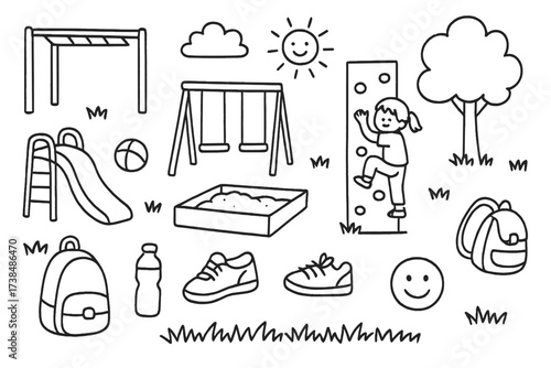Playground Doodles. Hand-drawn doodle illustration outdoor playground equipment monkey bars, swing, slide, climbing wall, sandbox, ball, tree, grass, sun,