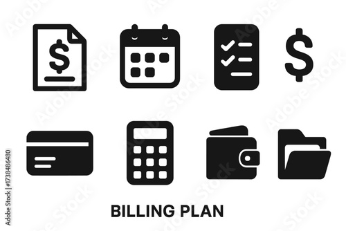 Billing Plan Icons. Solid, filled icon set of billing plan: invoice, calendar, checklist, dollar sign, credit card, calculator, wallet, document folder. [Line