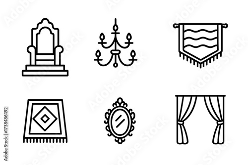 Royal Palace Icons. Outline icon set of royal palace interiors: throne, chandelier, grand staircase, tapestry, royal carpet, crown, ornate mirror, velvet