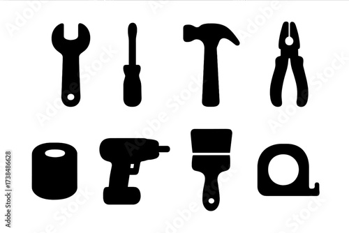 Maintenance Tools Icons. Solid, filled icon set of maintenance and replacement tools: wrench, screwdriver, hammer, pliers, socket, drill, paintbrush, measuring