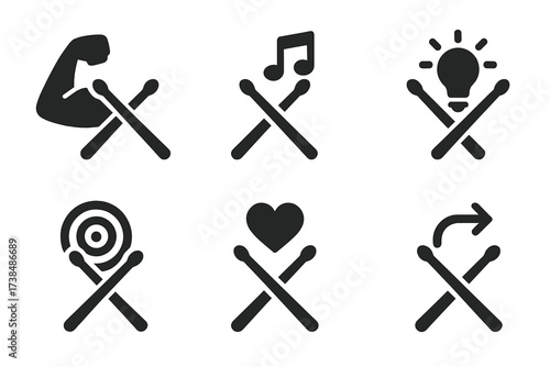 Black Drumstick Icons. Solid, filled icon set of drumsticks emotions and symbolism: strength, rhythm, energy, creativity, precision, passion, power, flow.