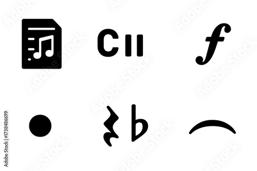 Musical Notation Icons. Solid, filled icon set of improvisation musical notation: lead sheet, chord symbols, rhythmic notation, dynamic markings, articulation,