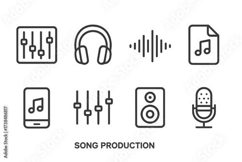 Music Production Icons. Outline icon set of song production: mixing console, headphones, sound wave, audio file, music app, equalizer, studio